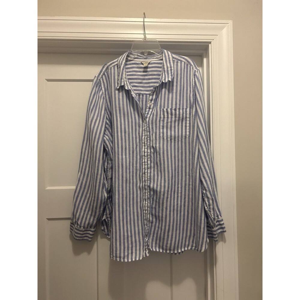 L.L. Bean Button Top Blouse Shirt Women Size 2X Blue Striped Linen Preppy Beach